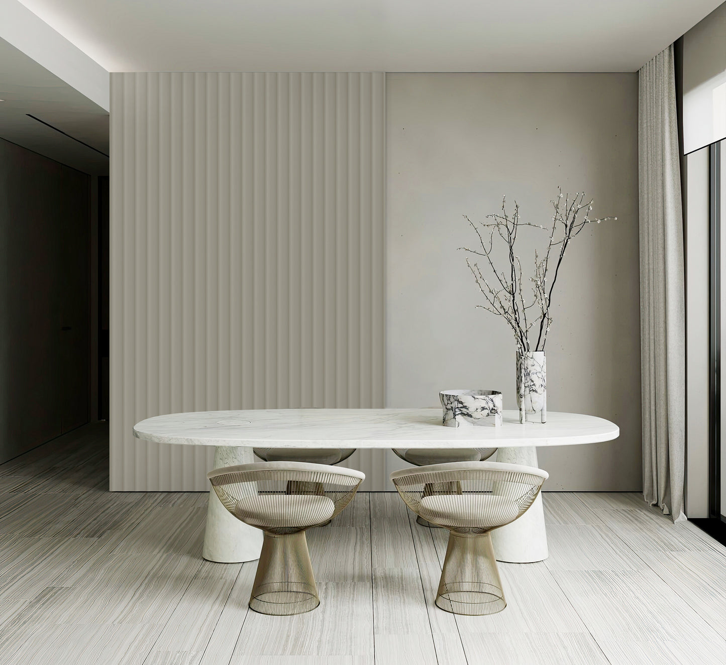 Lamelio Wandpaneel - Velutto Dessert Beige 270 cm in een moderne eetkamer (Velutto).