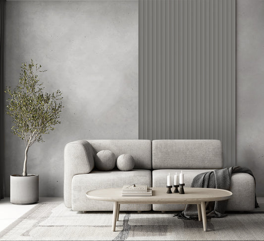 Lamelio Wandpaneel - Velutto Misty Grey 270x25 cm in a modern living room with a grey sofa.