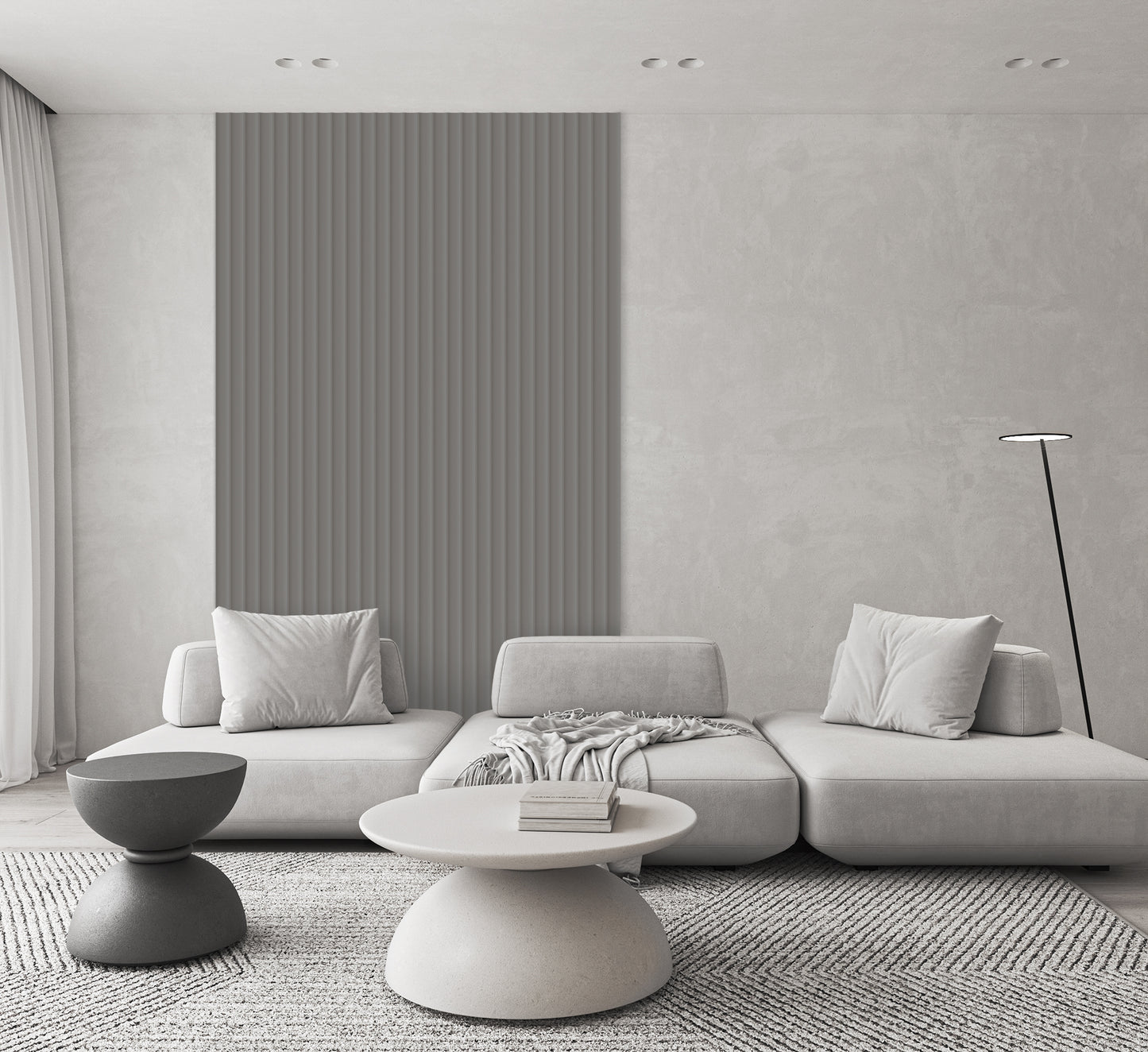 Lamelio Wandpaneel - Velutto Misty Grey 270x25 cm for a modern calm living room wall.