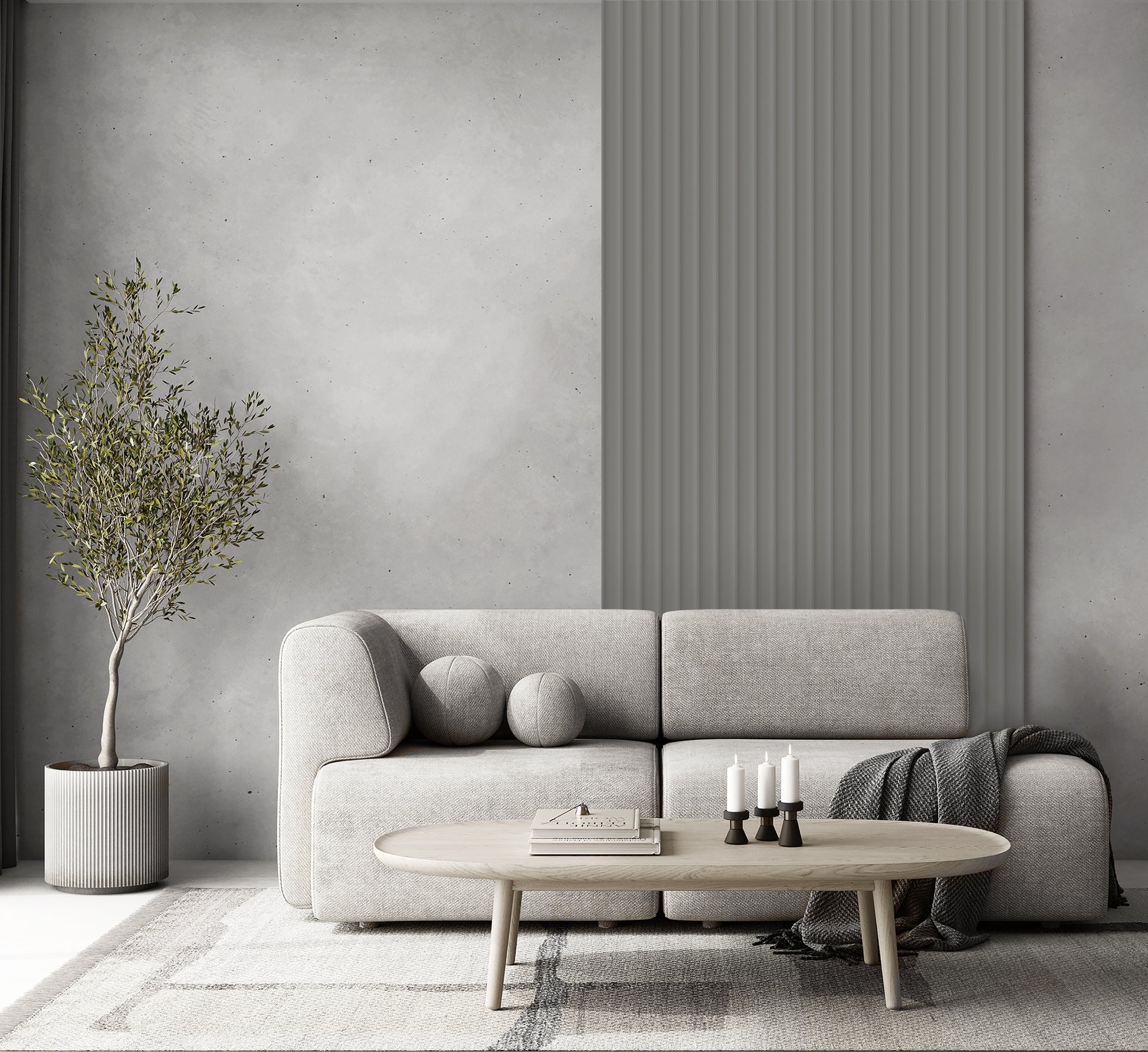 Lamelio Wandpaneel - Velutto Misty Grey 270x25 cm in a modern living room with a grey sofa.