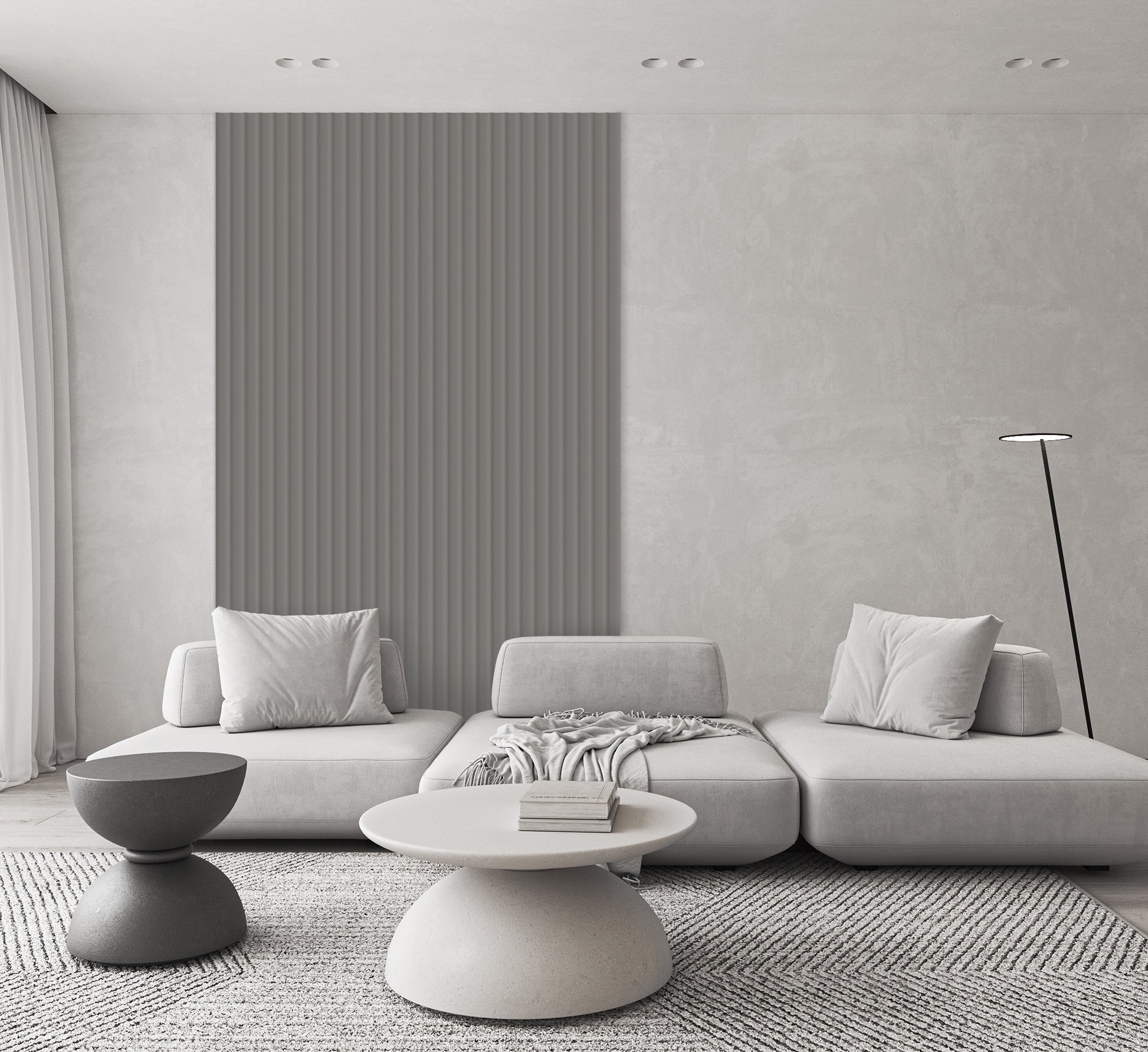 Lamelio Wandpaneel - Velutto Misty Grey 270x25 cm for a modern calm living room wall.