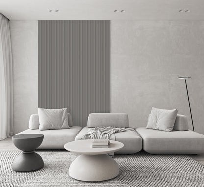 Lamelio Wandpaneel - Velutto Misty Grey 270x25 cm for a modern calm living room wall.